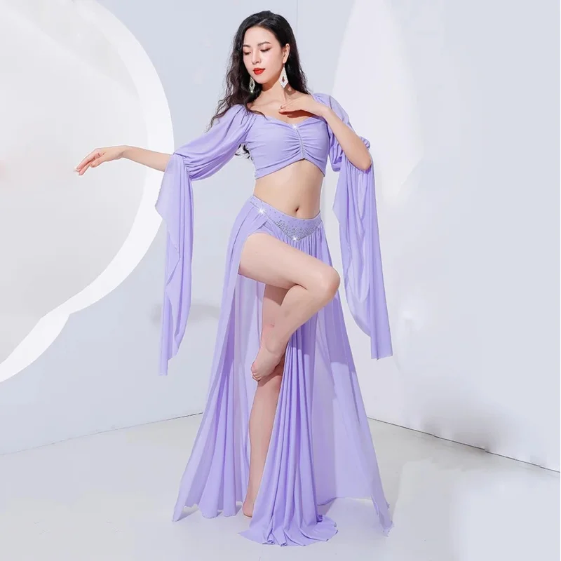 Elegant Women Dance Clothes Breathable Net Yarn Practice Suit Belly Dance Costume Set 2pcs Top And Skirt Girls Outfit