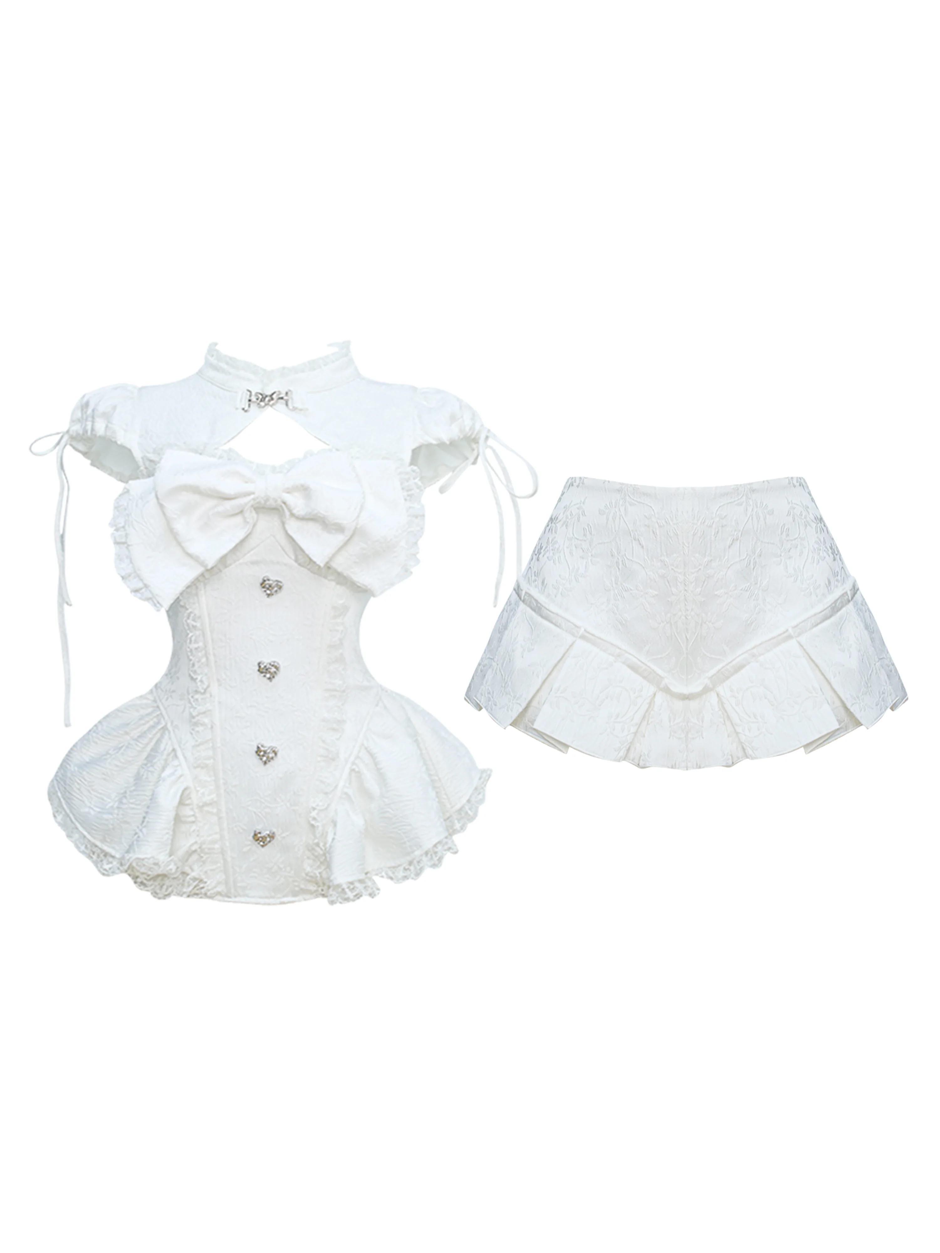 Dophee Original Sweet Girl Two-piece Set Cute Bow Diamonds Button White Dress Top + Super Short Pleated Skirt Women Suits image 4