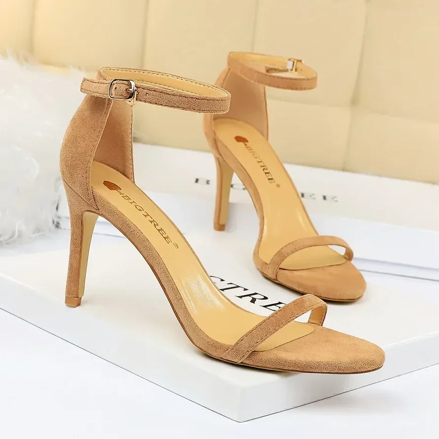 Women Classic Ankle Strap 8cm 11cm High Heels Vacation New Sandals Lady Red Brown Flock Stiletto Open Toe Mid Low Heels Sandles