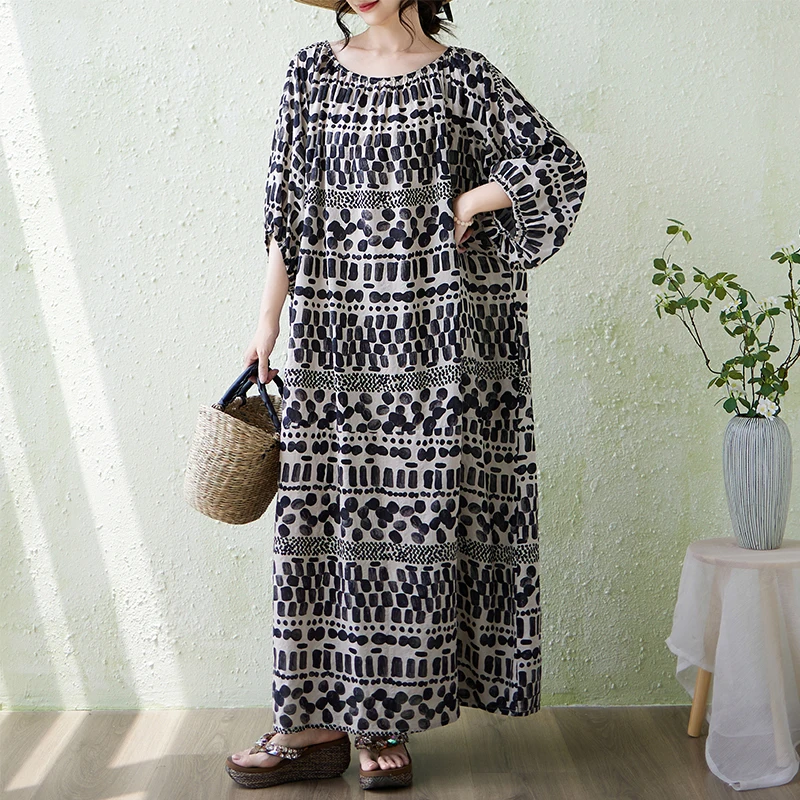 plus Size Cotton Linen Print Loose Fitting Long Dress Lantern Sleeve Cover up Slimming Robe Casual Style A-Line Skirt