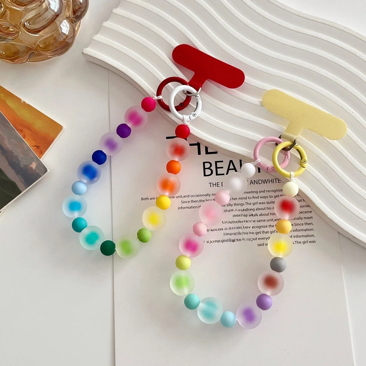 Rainbow Frosted Jelly Bead Phone Lanyard Double Clasp Anti-lost Wrist Strap Keychain Cute Handbag Pendant Mobile Chain For Women