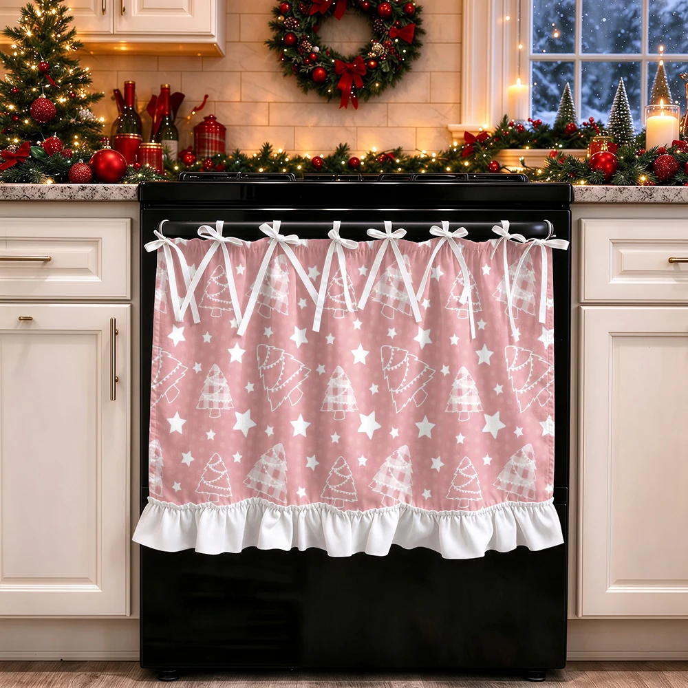 1PC lace up kitchen curtain, ruffled hem, 2D flat Pink Christmas Tree pattern, cabinet cover curtain, Christmas home decoration