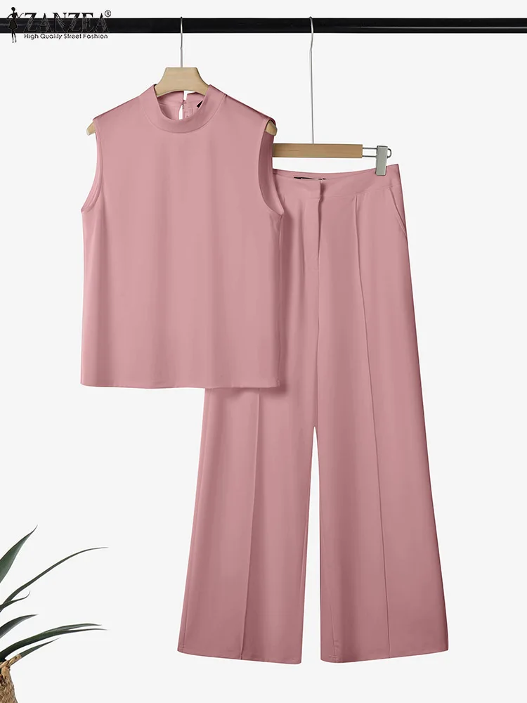 

ZANZEA Drapey Wide Leg Pants Women's 2 Piece Pant Sets Stand Collar Sleeveless Tops Elegant Street Fashion Office 2PCS Outfits