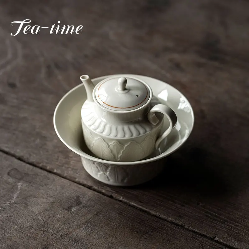 180ML Retro Chinese Style Ding Kiln Tea Pot Handmade Ceramics Banana Leaf Household Tea Making Pot Tea Ceremony Kung Fu Teaset