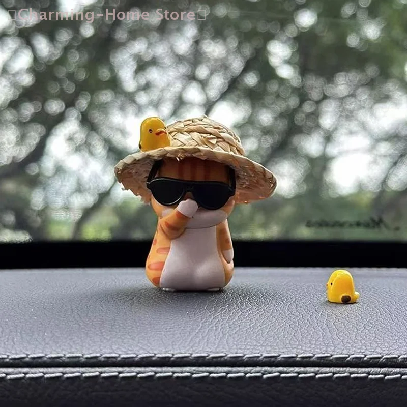 【M】Car Pendant Cute Straw Hat Cat Ornaments Car Rearview Mirror Pendant Interior Decoration Accessories Girls Gift