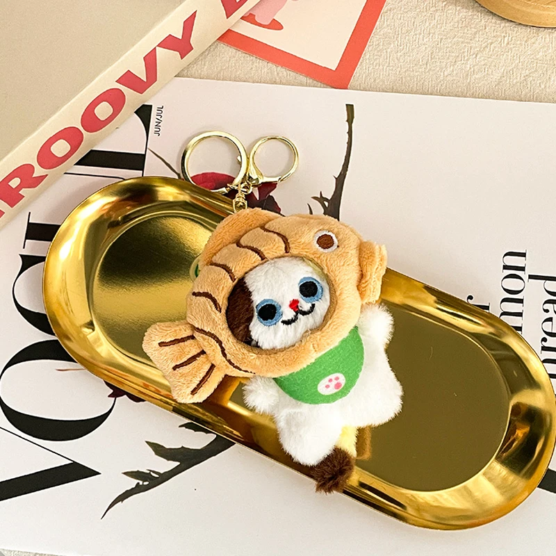Soft Cartoon Cat Stuffed Doll Keychain; Plush Taiyaki Headgear Toy; Lovely Car Key Ring; Kids' Backpack Bag Decor Gift