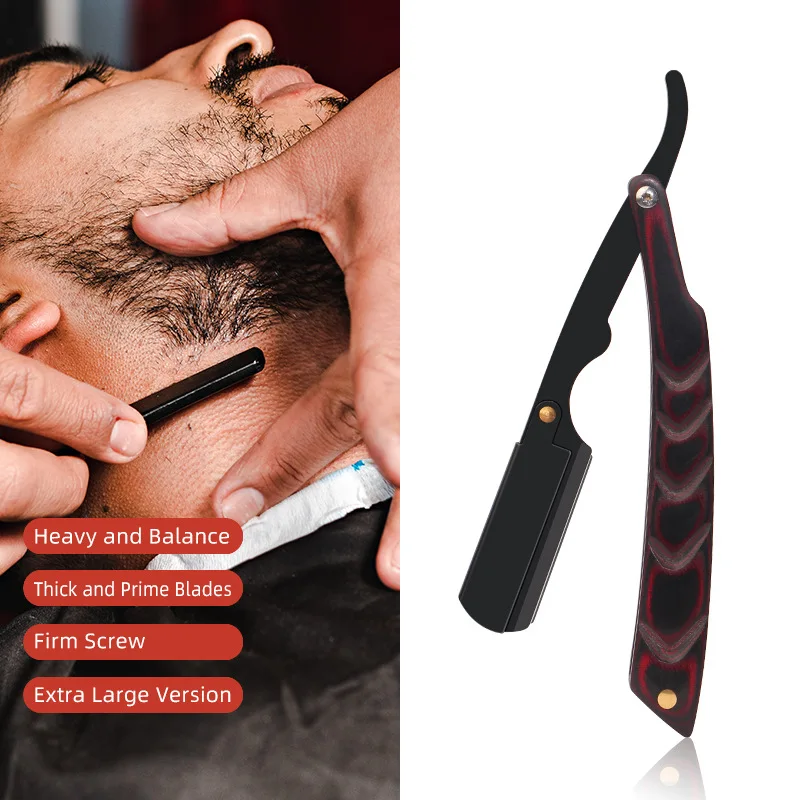 Wooden Barber Razor - Stainless Steel Folding Straight Edge Shaver for Men with Replacement Blades，Single-sided Razor Blades