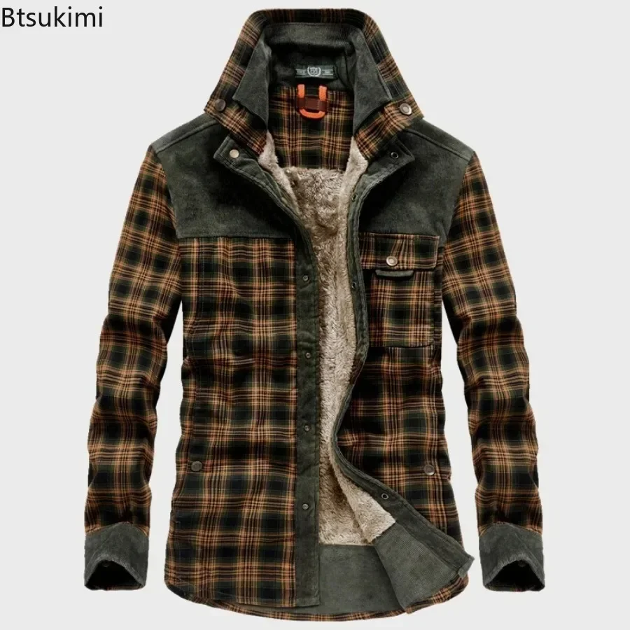 2024 Men\'s Winter Warm Shirts Coats 100% Cotton Plaid Thickened Fleece Jacket Fashion Windproof Stand Collar Shirt Jacket Men