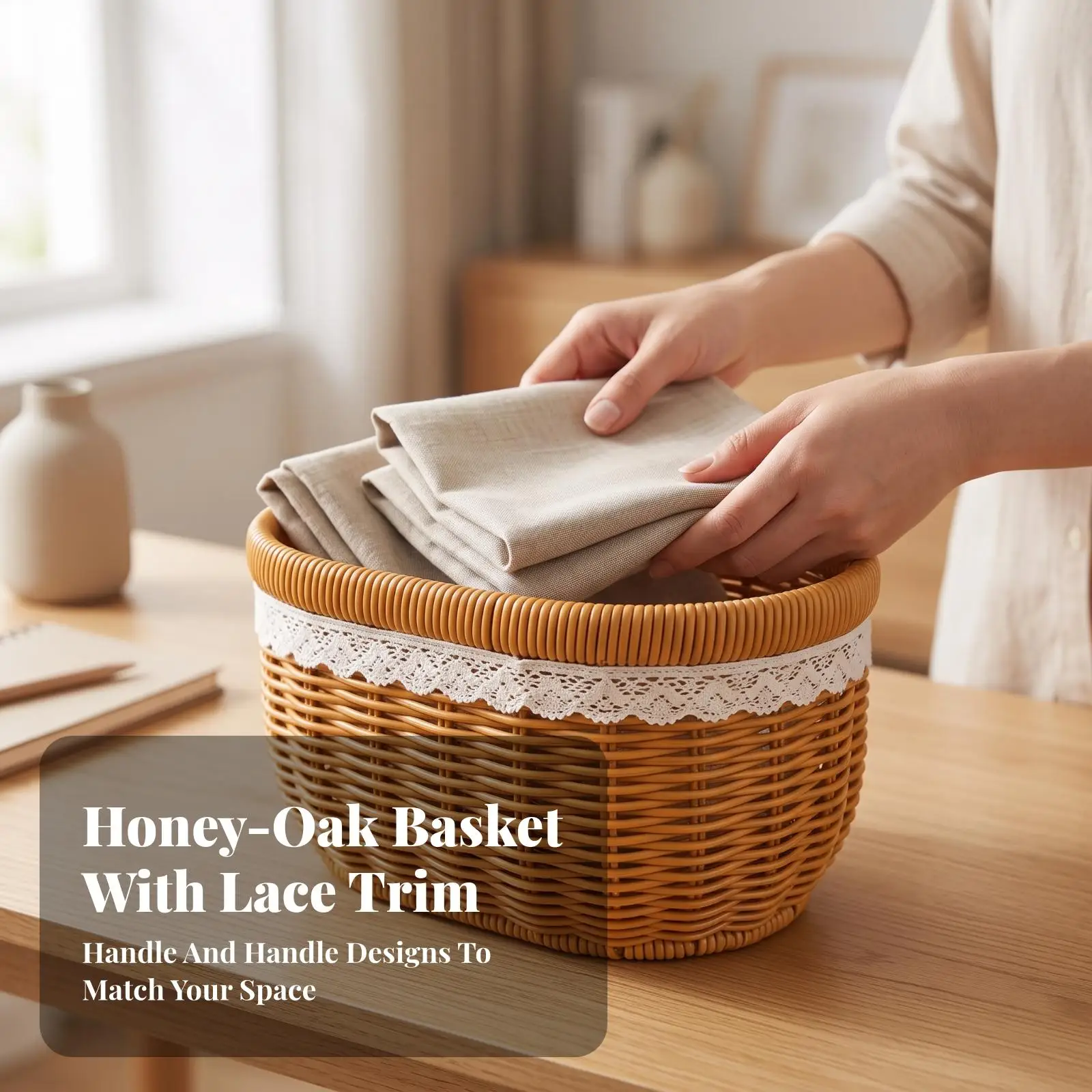 Handwoven Wicker Kitchen Storage Basket with Lace Trim for Countertop Organization and Home Decor