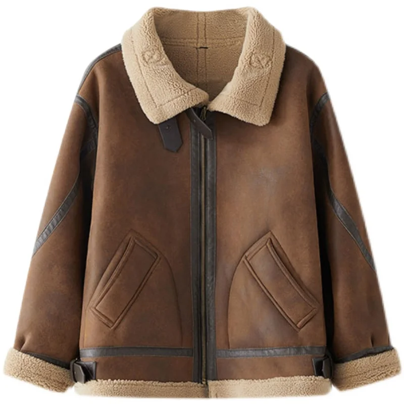 FIGOHR Premium Lamb Wool Cotton Motorcycle Jacket Women - Vintage Style Thickened Leather Blend Faux Suede Coat for Winter 2024