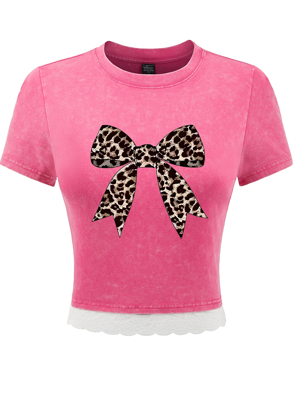 

Bow Leopard Prints Cotton Crop Tees Womens Summer Street Lace Hem Washed T-Shirts O-Neck Distressed Tops Casual Women'S Clothes