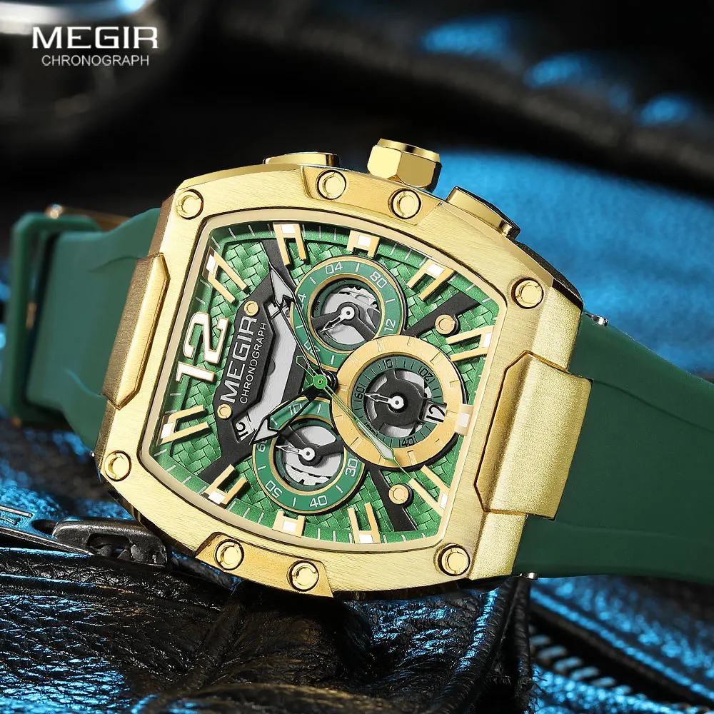 MEGIR Fashion Sport Quartz Watch for Men Waterproof Golden Green Silicone Strap Chronograph Wristwatch with Date Luminous Hands