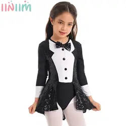 Kids Girls Shiny Magician Costumes Sequins Jazz Ballet Dancing Stage Performance Outfit Cosplay Tuxedo Bowtie Dress Leotards