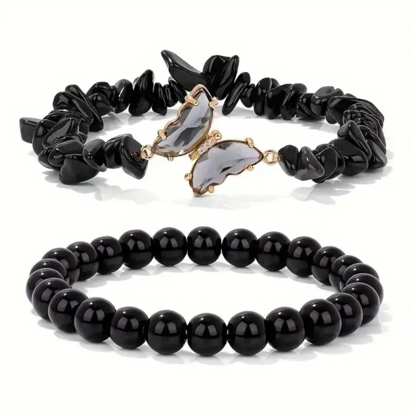 2pc Set sromantic Amethyst Obsidian Quartz Beaded Butterfly Bracelet women Stretch Bangles Positive EnergyDaily Commute