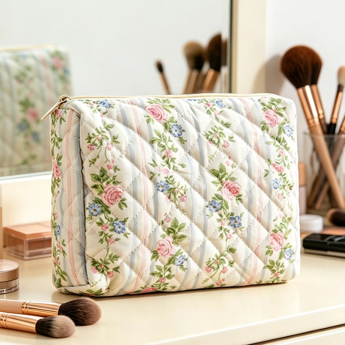 Happy Flute Cute Flower Makeup Brush Makeup Bag Travel Quilt Zipper Toiletry Storage Box Kawaii Makeup Beauty Travel Bag