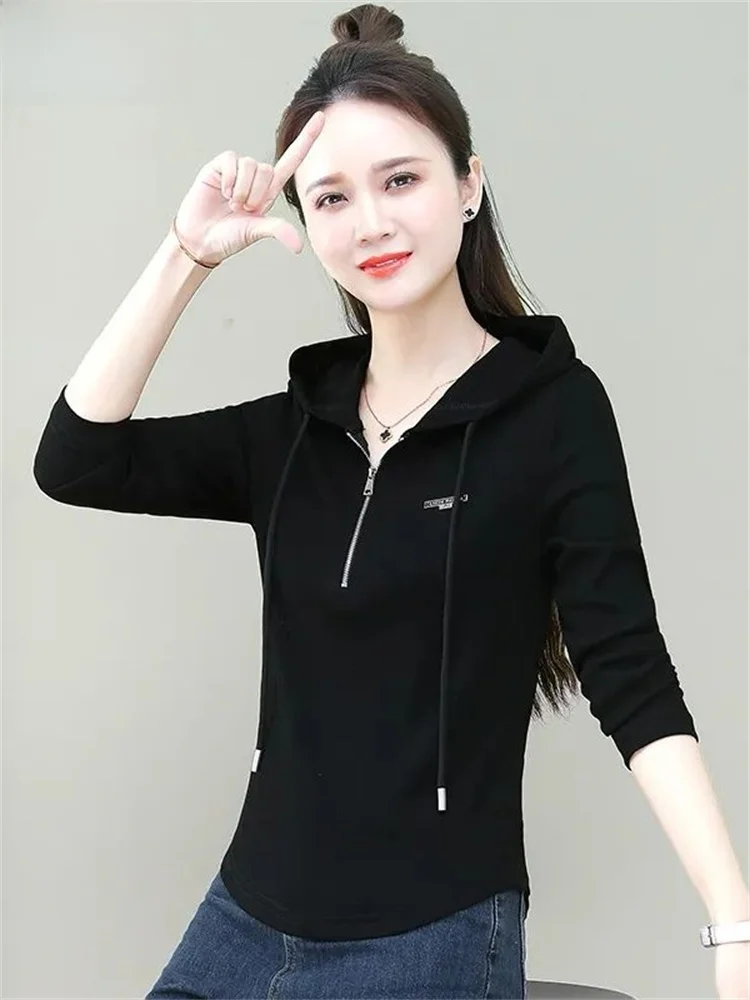 

TUCANO New Pure Color Simple Commute Long Sve Hoodie Sports T-irt Women Casual Versatile Korean Sle ort Length