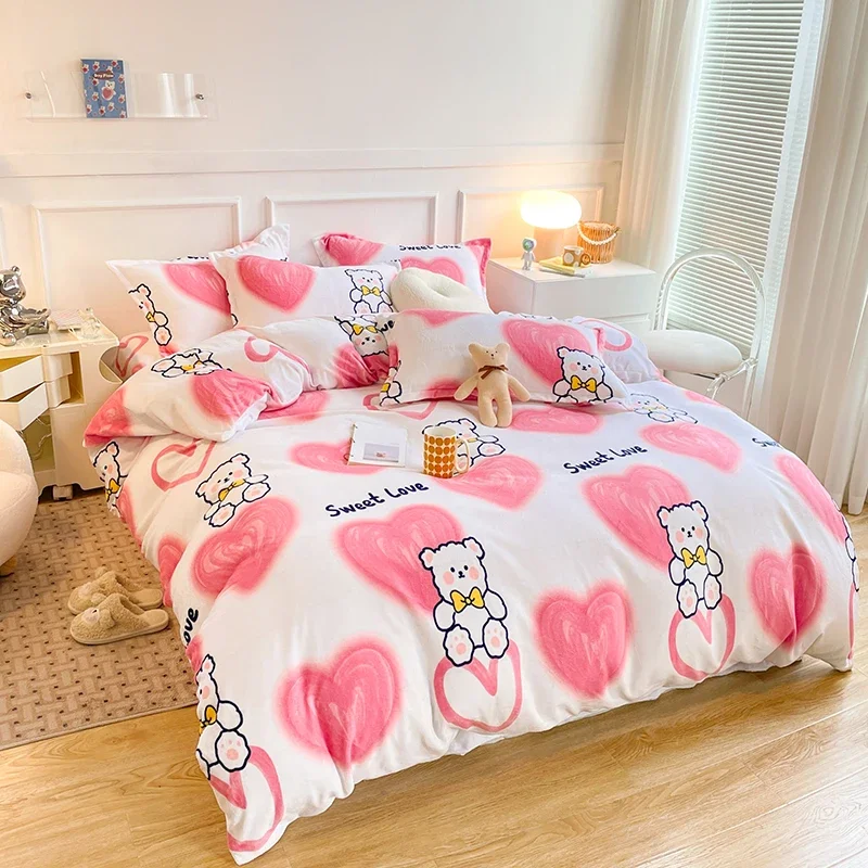 White Bear Duvet Cover Set Fluffy Velvet Comforter Cover Bed Sheets Pillow Case Thick Warm Bedding Set for Boy Girl Bed Linens