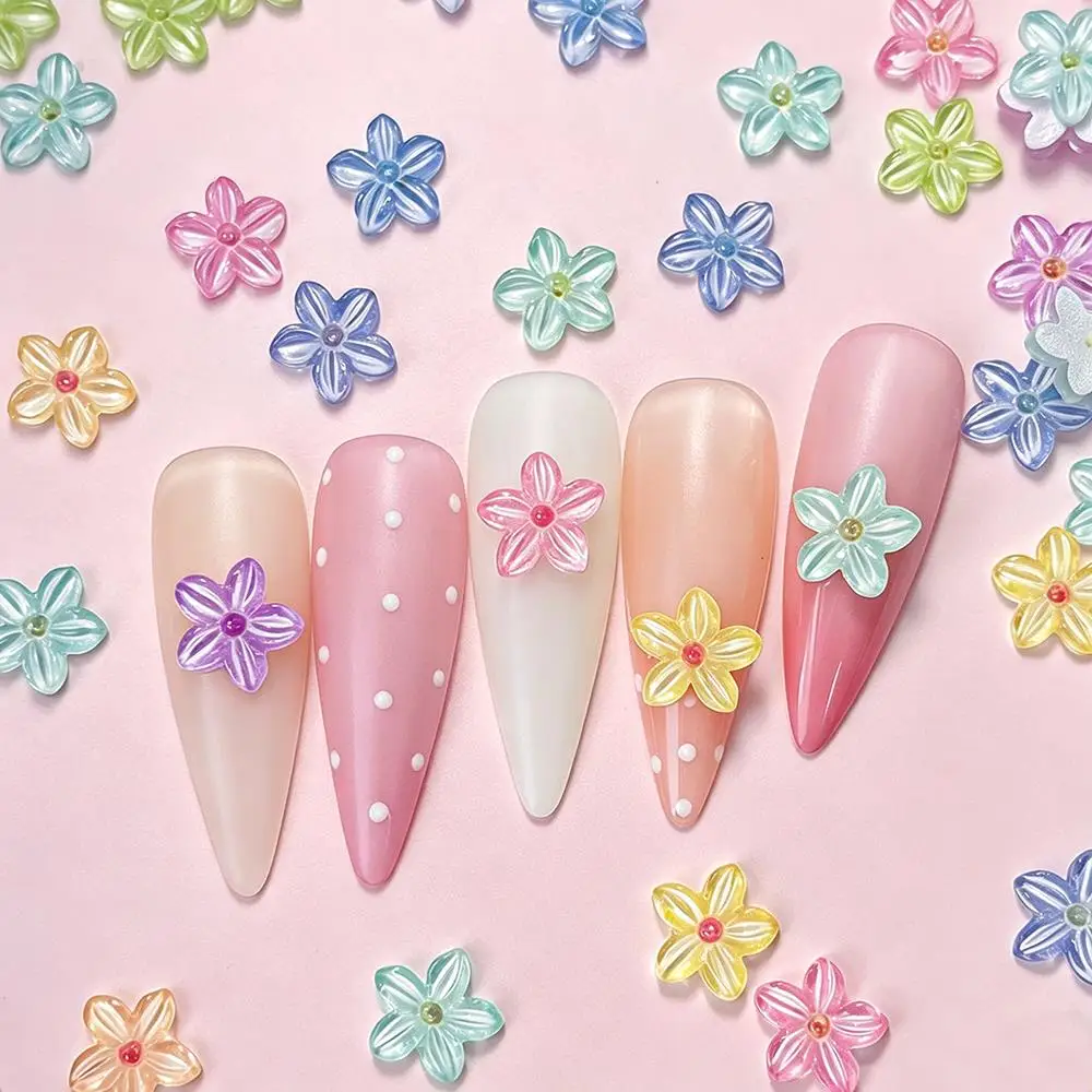 50Pcs 3D Mixed Colors Five-Petals Flower Nail Charms Ice Transparent Cherry Blossom Nails Decorations Floral Manicure Supplies Z