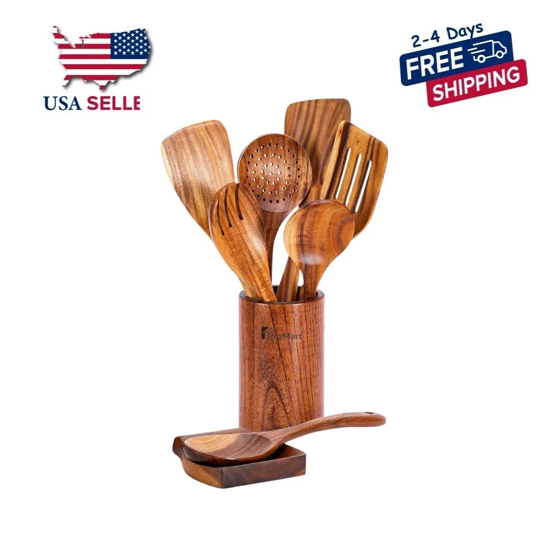 

Wooden Kitchen Utensils Set 9 Piece Natural Cooking Spoons for Non Stick Pots and Pans Heat Resistant Eco Friendly Kitchen Tools