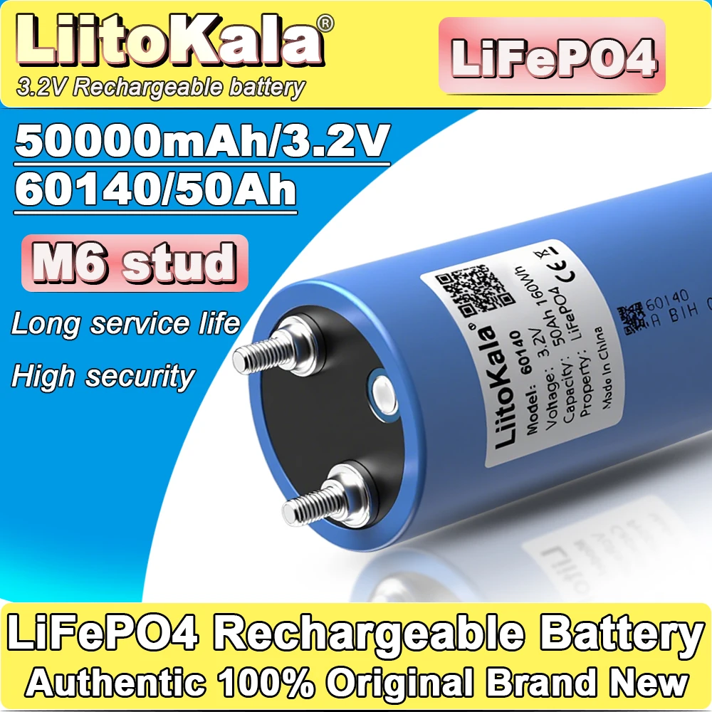 Cella LiitoKala 60140 LiFePO4 3,2 V 50 Ah | Scarica 250 A, ≤0,8 mΩ, -20 ° C~50 ° C | con connettore, sbarra collettrice extra per 4 unità