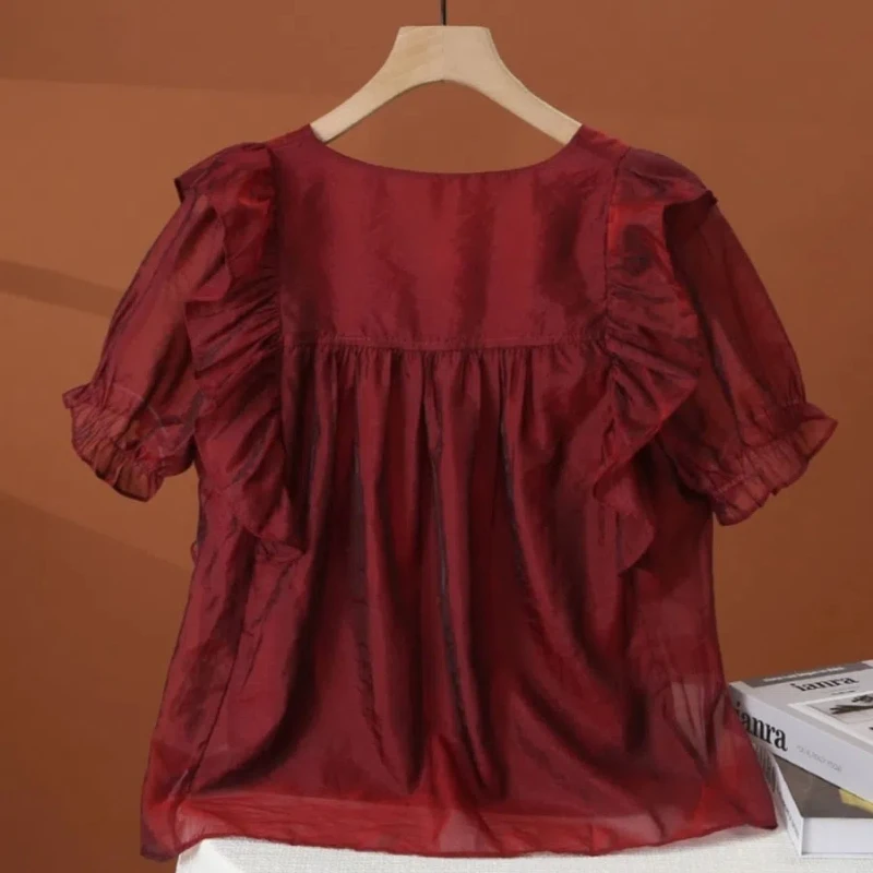 Blusa de gasa con cuello cuadrado para mujer, camisa de manga corta con volantes y lazo de encaje empalmado, Color sólido, Verano