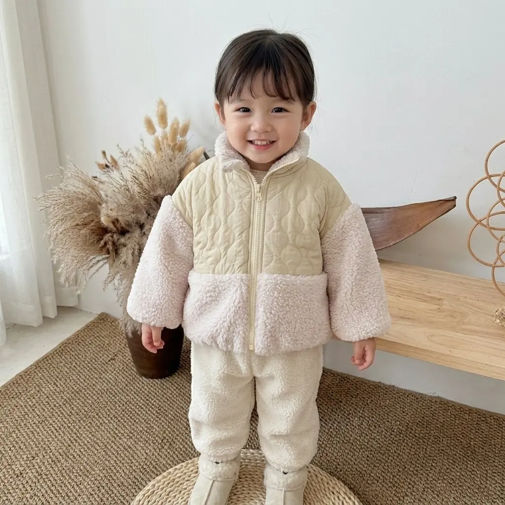 Baby Sherpa Splice Quilted Jacket,Toddler Solid Color Zip Up Fleece Collar Coat Kids Autumn Winter Warm Outerwear