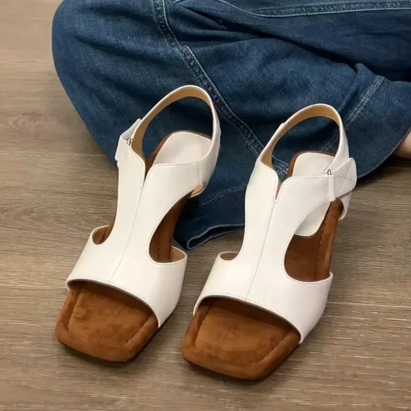 Retro Square Toe Special Shaped High Heels Sandals Women's Peep Toe Velcro Roman Sandals Versatile Daily Pumps Zapatillas Mujer