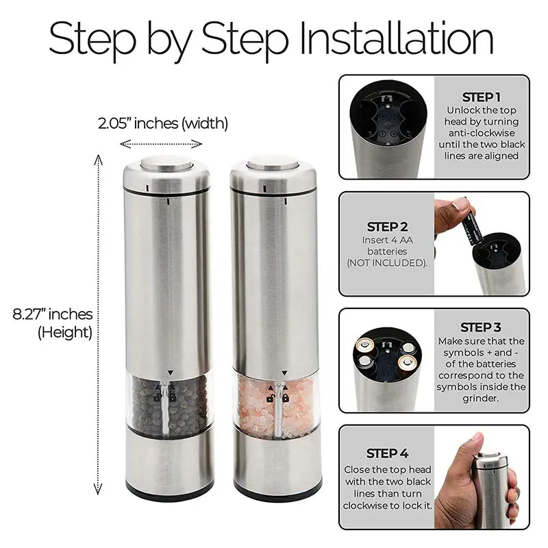 Stainless Steel Electric Salt Pepper Grinder Sets Automatic Spice Mill Grinder Cooking BBQ Adjustable Coarseness Grinding Tools