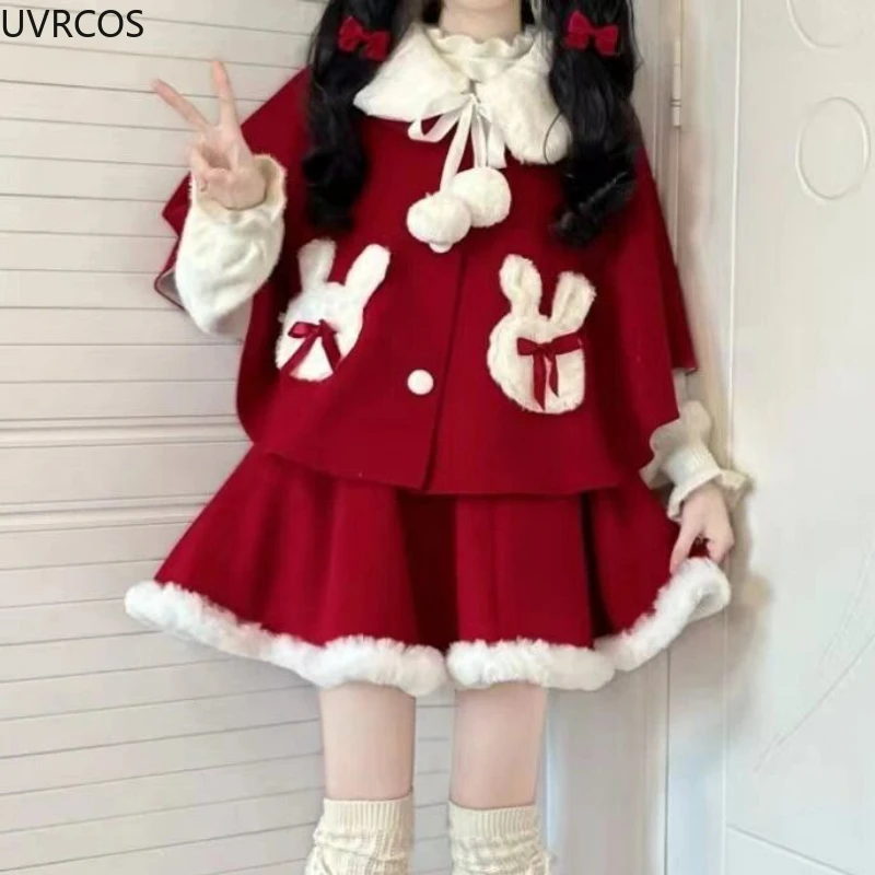 2024 New Sweet Christmas Red Elegant Skirt Set Woman Kawaii Bow Wool Cape Coat Y2k Mini Skirts Female Korean New Year Cute Suit