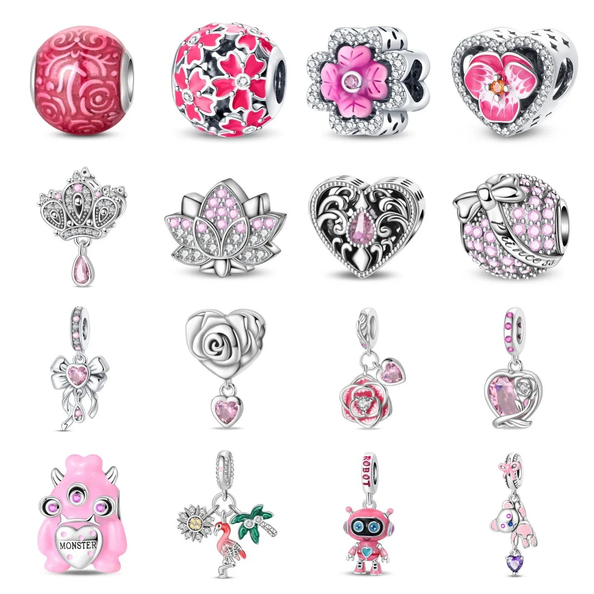 Silver Plated Pink Spacer Rose Pattern Charms BeadsFit Original Bracelet Bag Keychain harms Beads Pendant Diy Women Jewelry Gift