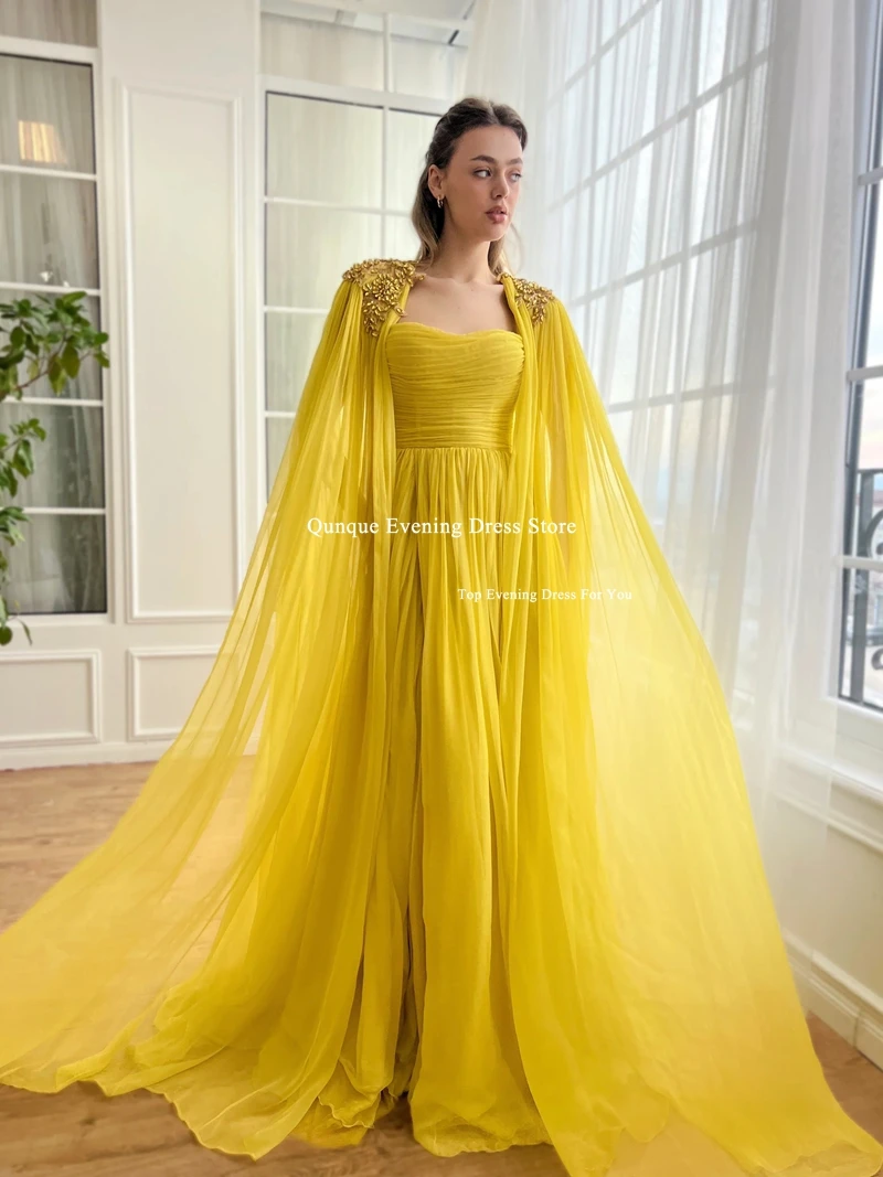 Qunque New Customized Party Evening Dress Celebrity Gowns High Slit Evening Dress With Detachable Crystals Cape Vestidos De Gala