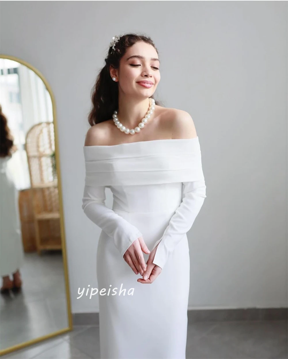 Gaun Prom Arab Saudi Satin Pleat pesta pernikahan A-line Off-the-shoulder Bespoke gaun acara Ankle-Length