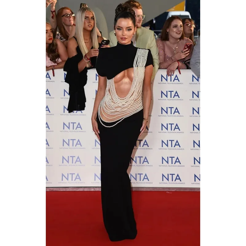 

New Arrival Luxurious Pearl Sexy Hollow Black Velvet Dress Elegant Evening Gown