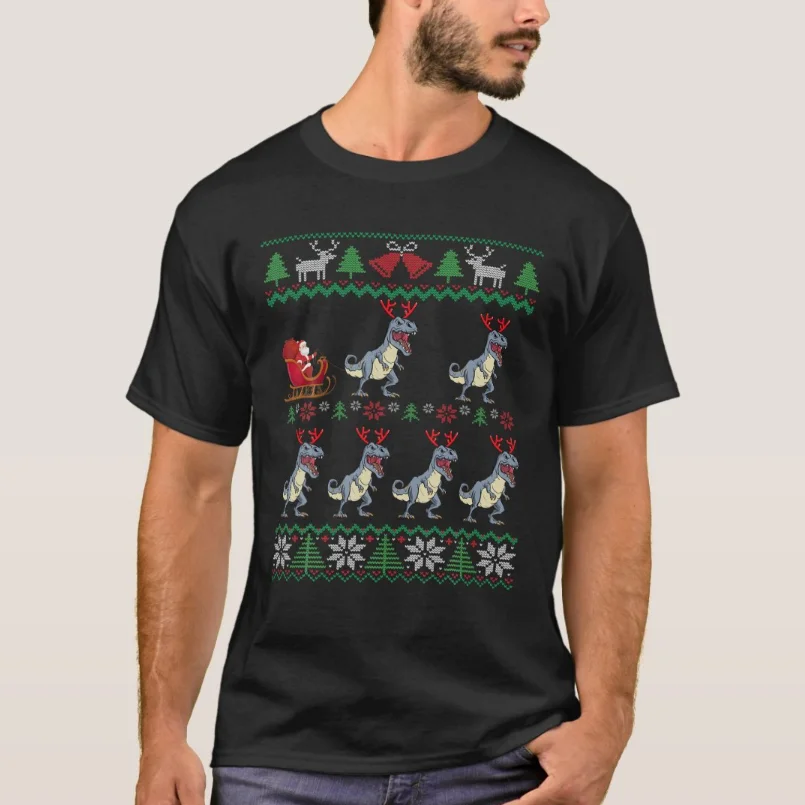 

T Rex Pulling Santa Sleigh | Dinosaur Ugly Christm Sweatshirt T Shirt Summer 100% Cotton O-Neck Short Sleeve Casual Mens T-shirt