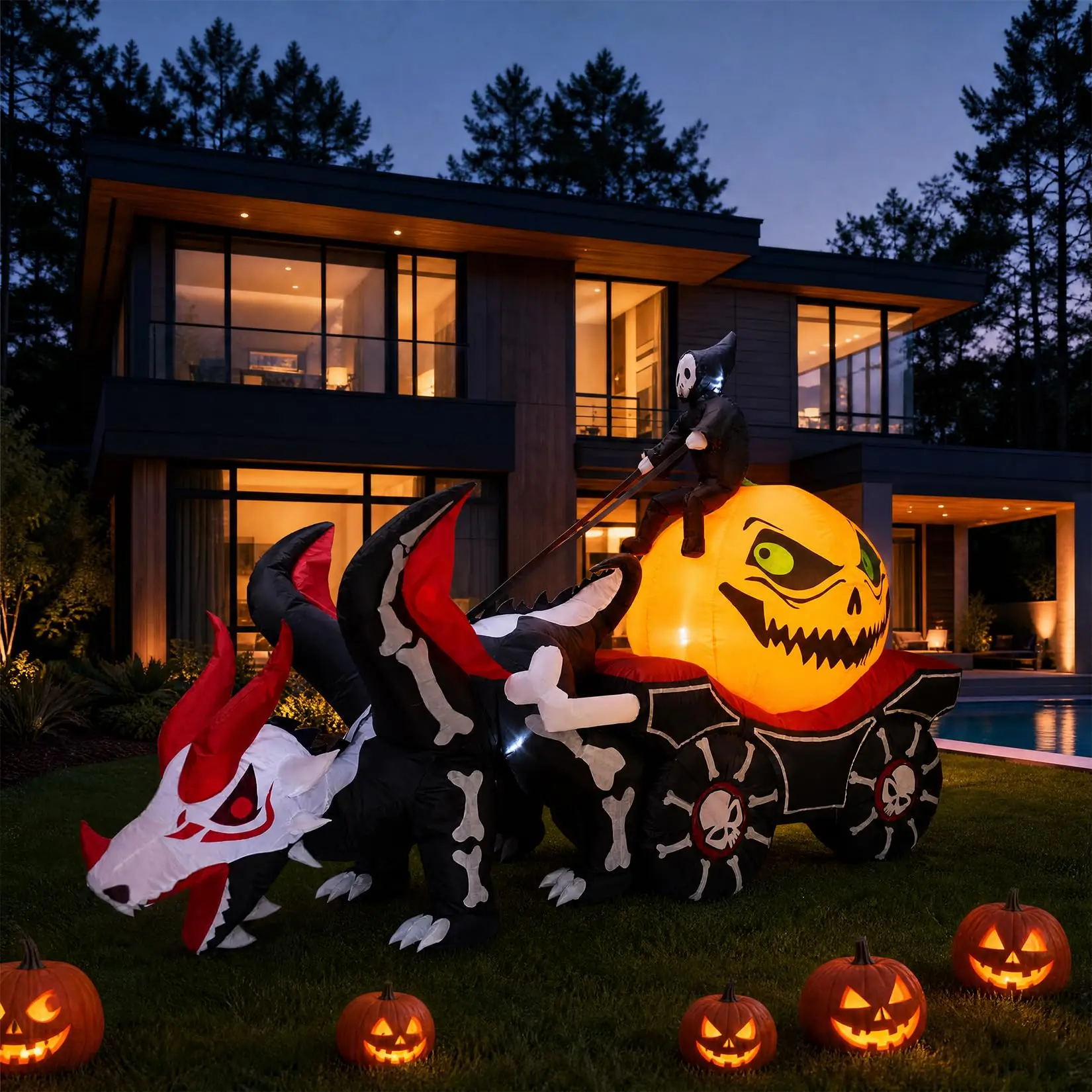 8.9FT Lighted Halloween Inflatable Outdoor Decoration Grim Reaper With Pumpkin Carriage Ox Cart Fast Setup Water-Resistant Yard Lawn Patio Garden Decor