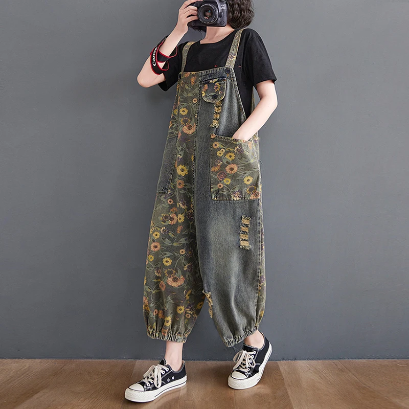 Casual Print Floral Plus Size Denim Jumpsuits Women Loose Wide Leg Straps Baggy Pants Woman Dungarees Streetwear Jeans Overalls image 4