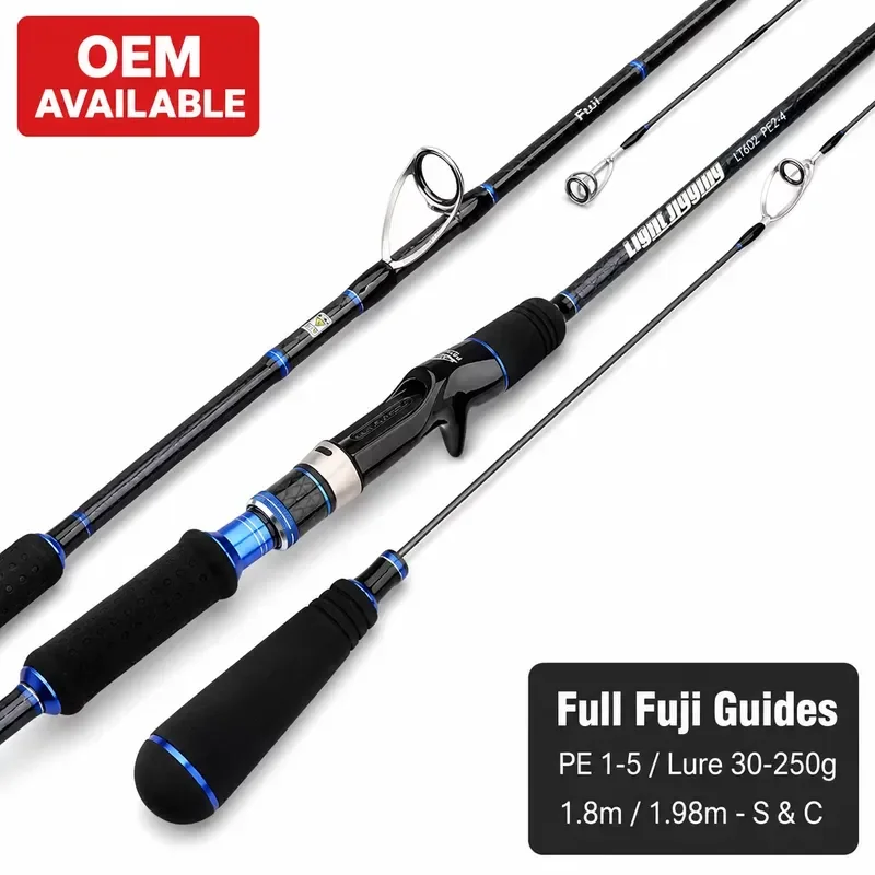 Wholesale 1.8m/1.98m FUJI Guides Fast Action Lure Rod | Spinning & Baitcasting Carbon Rod | OEM Custom | MOQ 50pcs