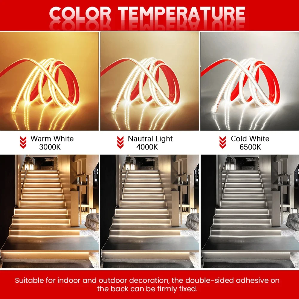 شريط إضاءة ليد COB لإضاءة المنزل وغرفة المعيشة ، سطوع عالي ، مقاومة للماء IP68 ، 50 Cuttable ، 12 ، خيط طاقة m ،