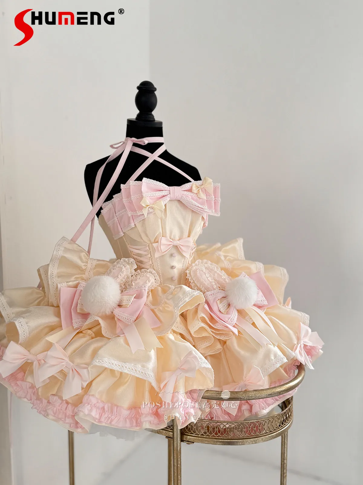 

Elegant High-end Socialite Princess Birthday Party Dresses Lace-up Halter 3D Bow High Waist Lolita Puffy Mini Dress for Women