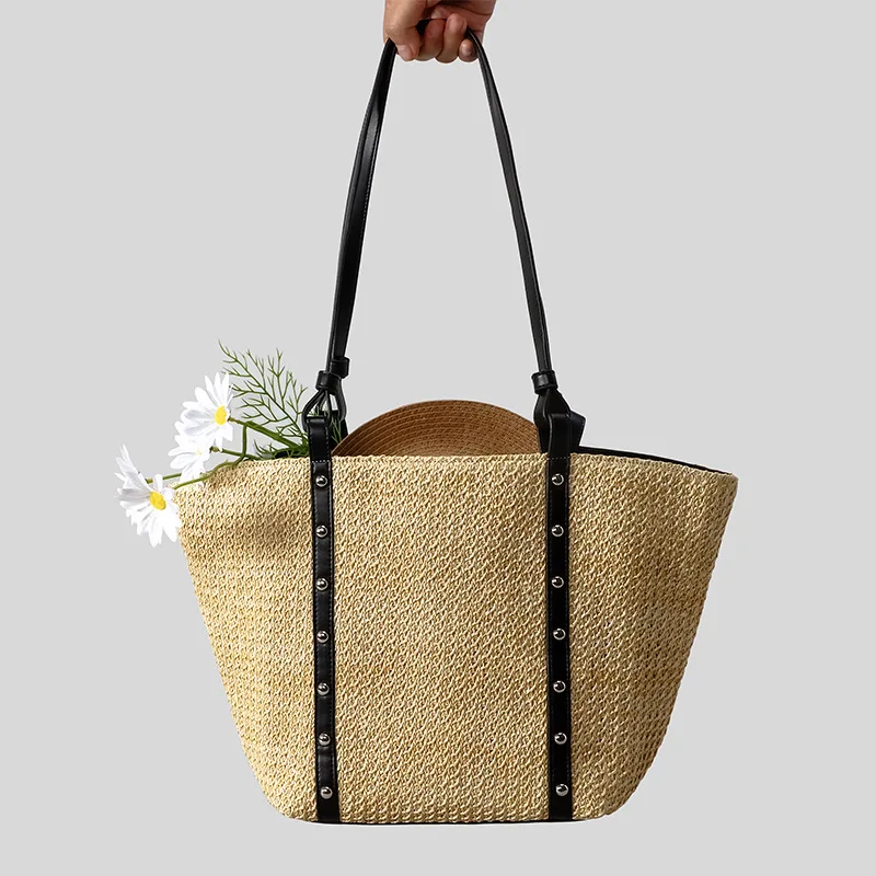 

Retro Rivet Woven Straw Bag 2026 New Model Large Capacity Casual Summer Holiday Beach Bag Handbag Shopper Tote Bag Sac A Main