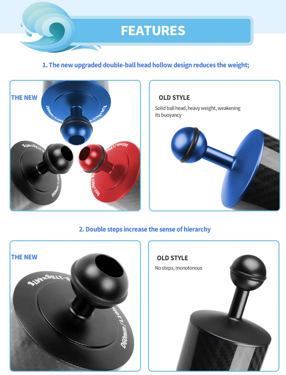 2x Kohle faser Float Auftrieb Wasser arm Doppel kugel halterung 1 Zoll d60mm für Gopro Unterwasser DSLR Kamera Tauch schale Fotografie – Detail 21