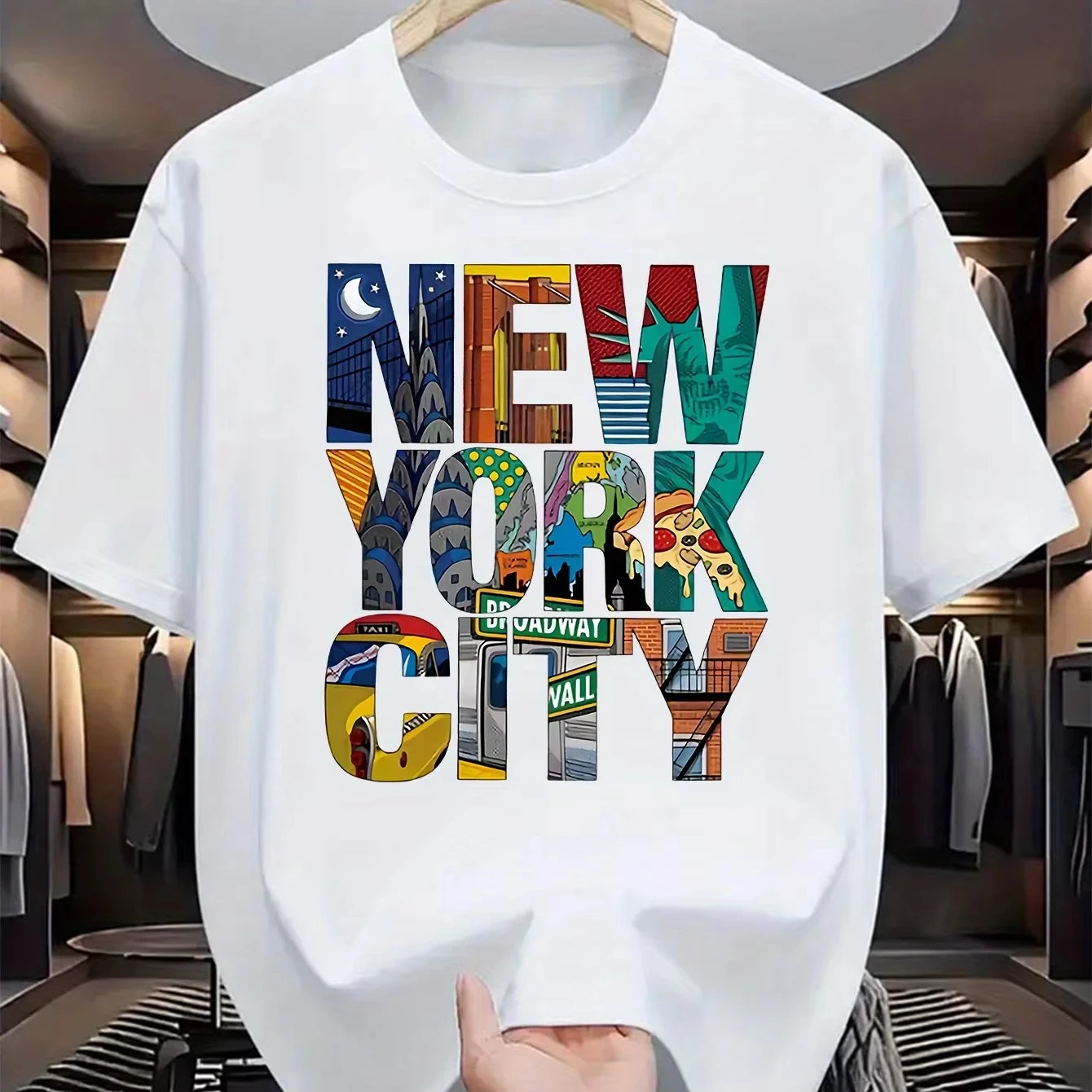 Sommerliches Herren-T-Shirt, lässig, locker geschnitten, Übergröße, mit New York City-Print, bequemes Rundhals-T-Shirt mit kurzen Ärmeln