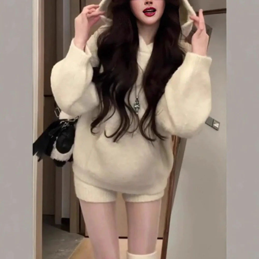 Autumn Winter Knitted Women's Loose Hoodie Coat Japanese Korean Fashion Sweet Hoodie and Shorts Two Piece Set Sweatshirt