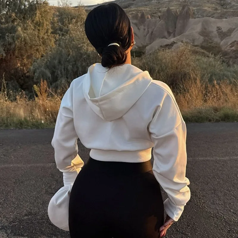 Casual Short Hooded Sweatshirt Women Zip Up Hoodies Mujer Solid Harajuku Long Sleeve Slim Fit Crop Top Female Jackets Coat