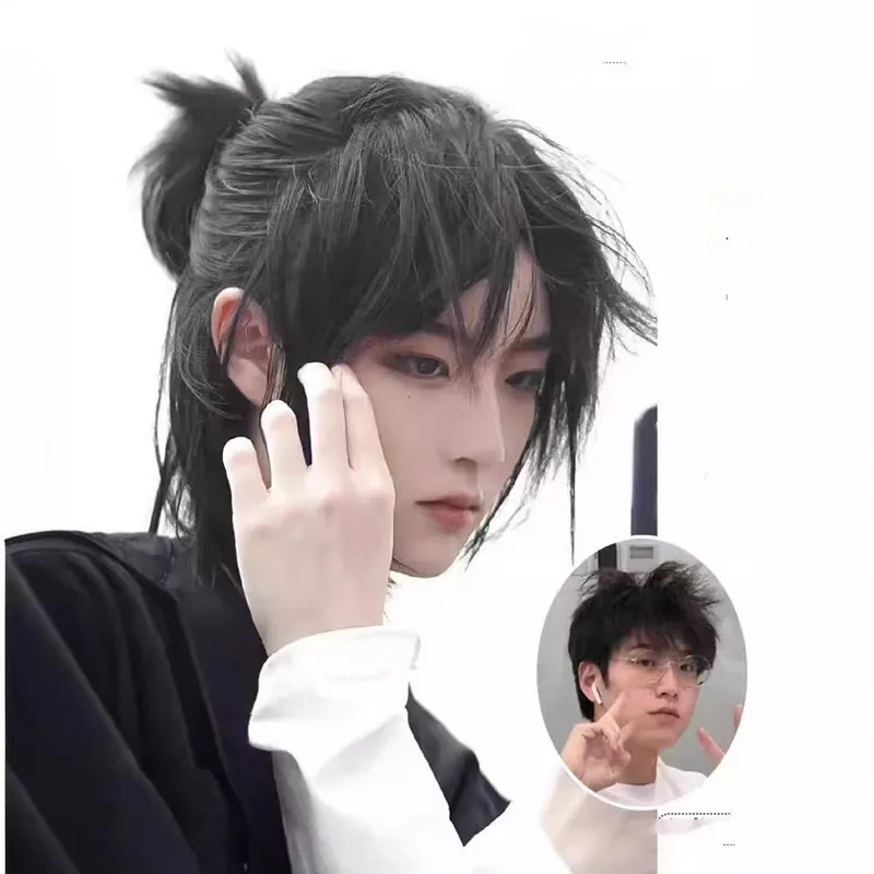 Peluca sintética corta estilo mullet con flequillo, lisa, para hombre, colores: negro, gris, verde, para uso diario, fiesta y cosplay 4