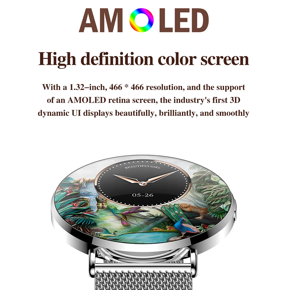 KM88 أنثى نساء ساعة ذكية 1.32 "AMOLED دائما على شاشة ثلاثية الأبعاد ديناميكية UI 6.9 مللي متر رقيقة جدا فاخرة سيدة Smartwatch الصحة المقتفي