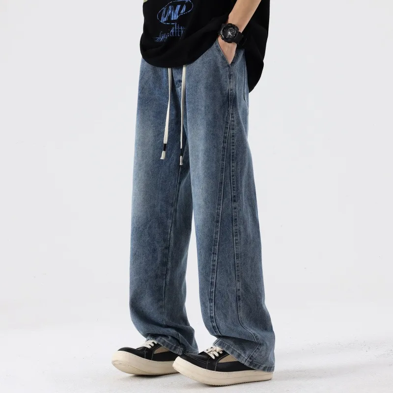 

Wide-Leg Baggy Denim Pants Straight Jean Trousers Summer Men's Lightweight Jeans Korean Fashion Breathable Cotton Drawstring
