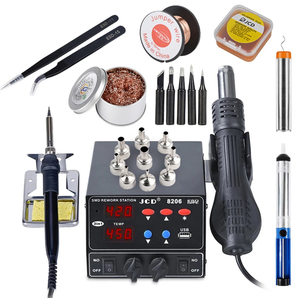 

JCD 800W Soldering Rework Station Hot Air Gun LED Digital Display SMD Welding Solder Station Soldering Iron Repair Tool Kit 8206