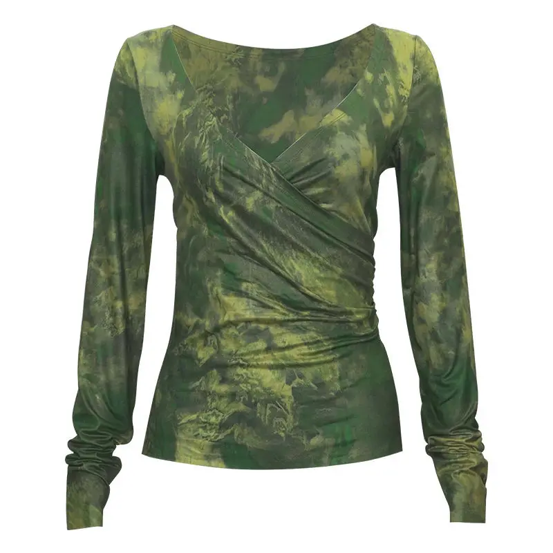 T-shirt a maniche lunghe in vita pieghettata con scollo a V sbavato viola americano autunno nuovo