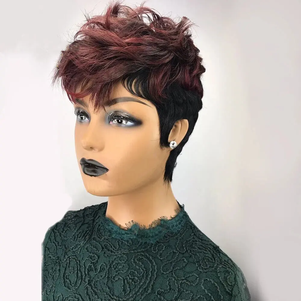 Short Human Hair Wigs with Bangs Pixie Cut  Burgundy Black Mixed Wave Hair